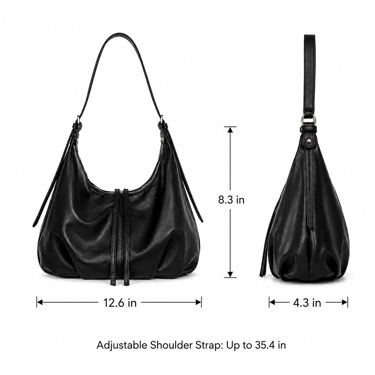 Slouchy Faux Leather Hobo Shoulder Bag with Adjustable Strap and Zip Closure