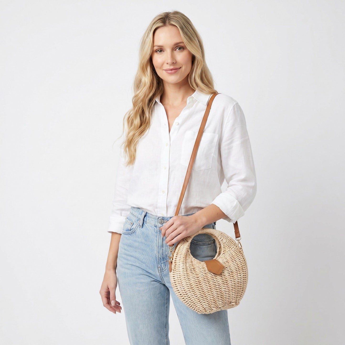 Round Woven Top Handle Crossbody Bag with Magnetic Snap and Detachable Strap