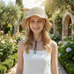 Crochet Wide Brim Sun Hat with Floral Accent Scalloped Edge and Chin Strap