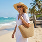 Woven Straw Tote Bag Large Capacity Zip Top Shoulder Carryall Handbag