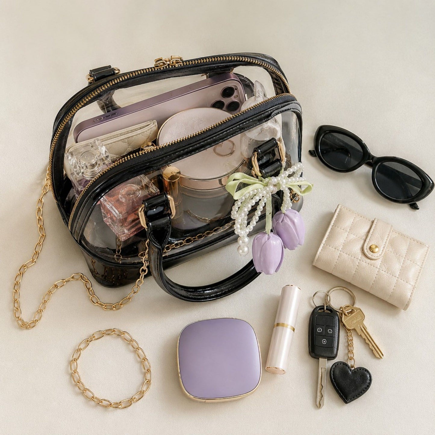 Clear PVC Mini Satchel Bag with Chain Strap and Floral Pearl Charm