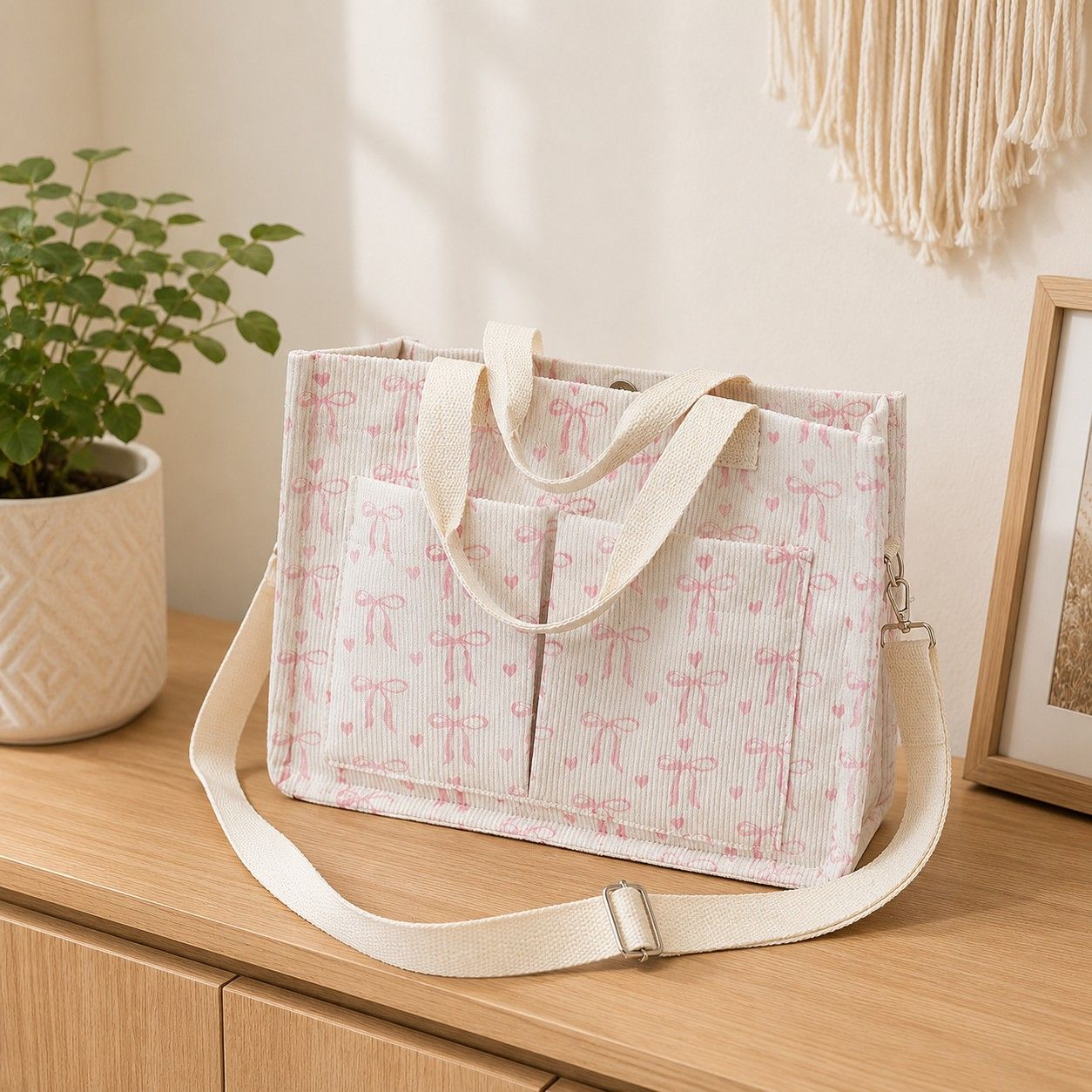 Canvas Tote Bag with Bow Print Large Capacity Lightweight Adjustable Shoulder Bag