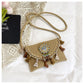Women's Woven Crossbody Bag with Beaded Medallion Tassel Flap and Long Strap
