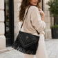 Studded Fringe Shoulder Bag with Adjustable Strap and Zip Closure