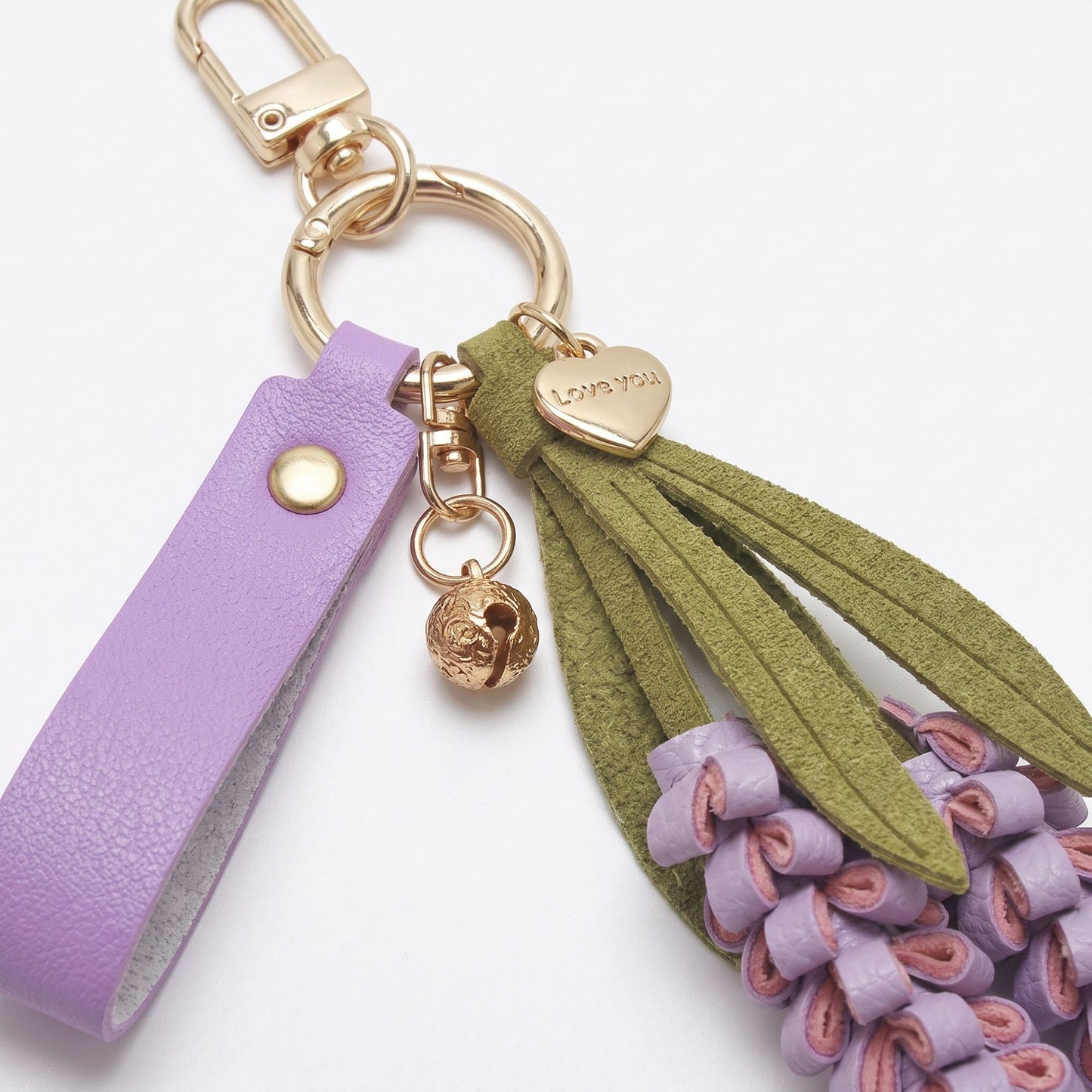 Lavender Flower Bag Charm with Wrist Loop Tassel and Gold Tone Clip
