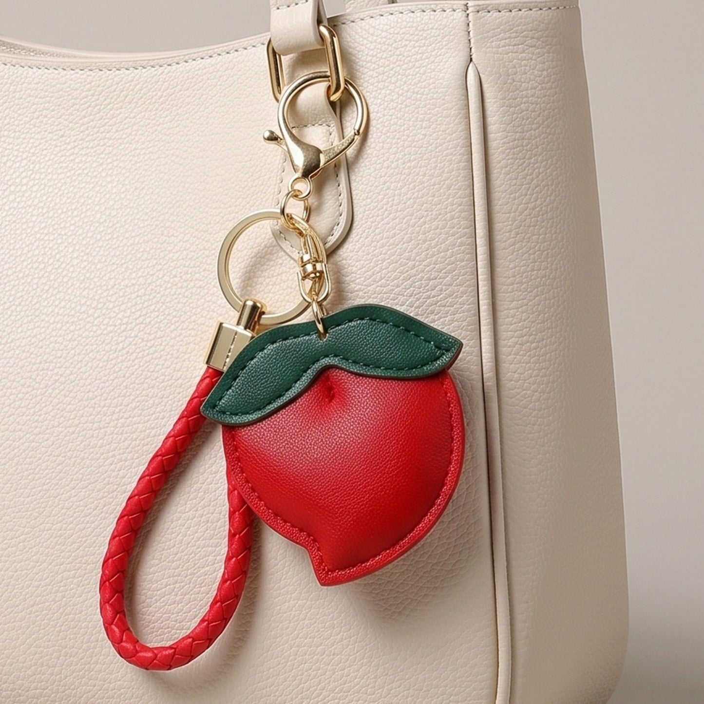 Peach Bag Charm with Braided Leather Loop and Gold Tone Hardware