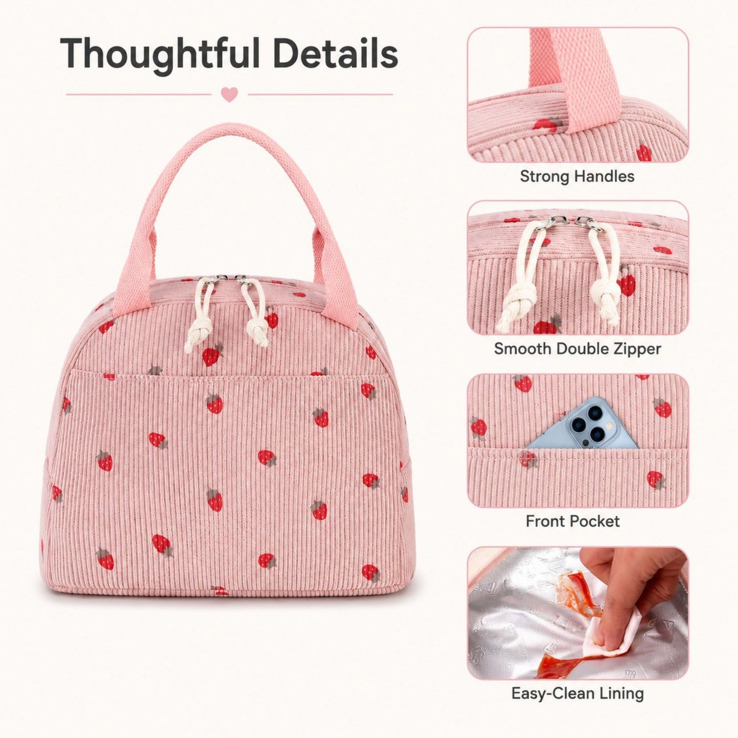 Strawberry Print Corduroy Insulated Lunch Bag with Handles and Zip Closure