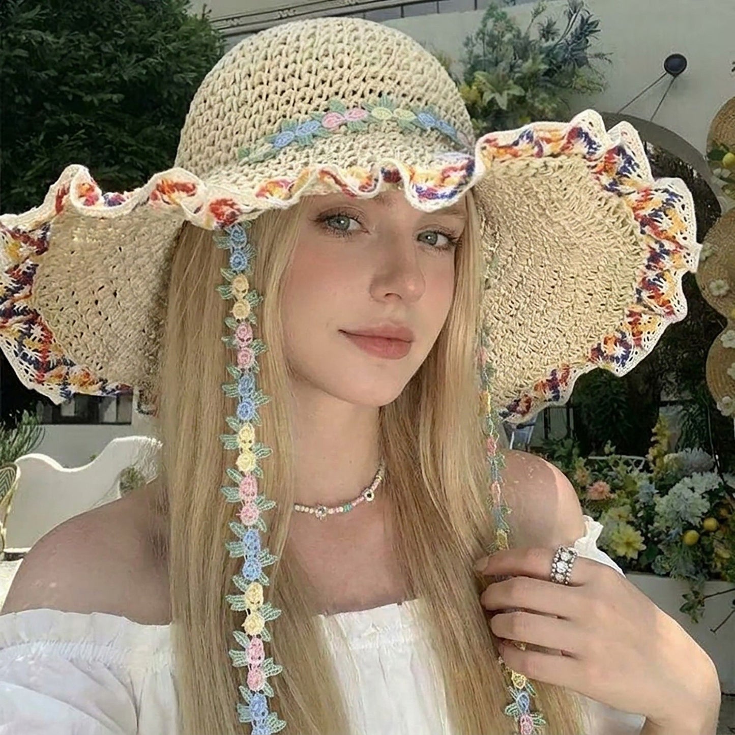 Crochet Wide Brim Sun Hat with Floral Trim Wavy Edge and Decorative Chin Strap
