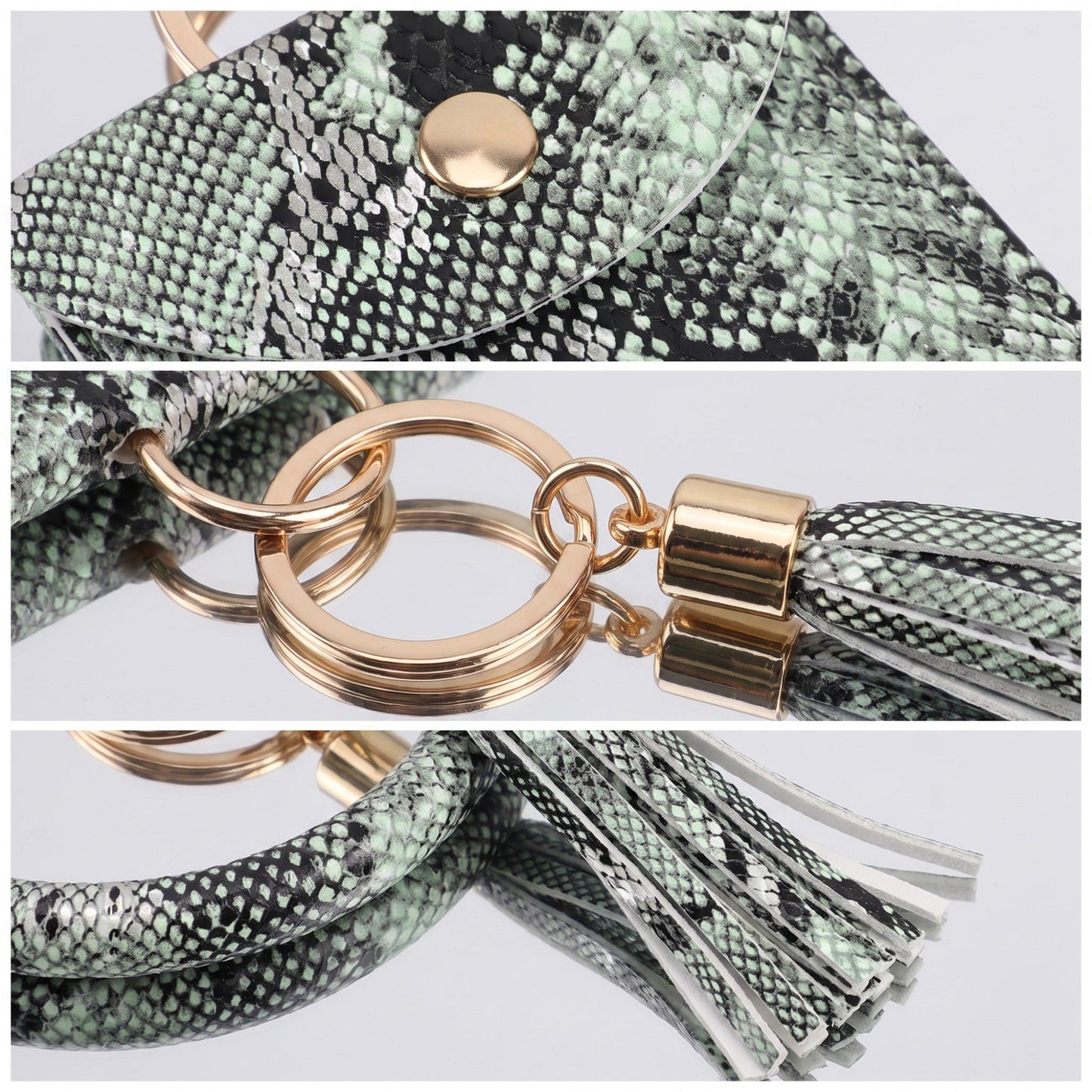 Womens Snakeskin Print Wristlet Keychain with Mini Pouch and Tassel