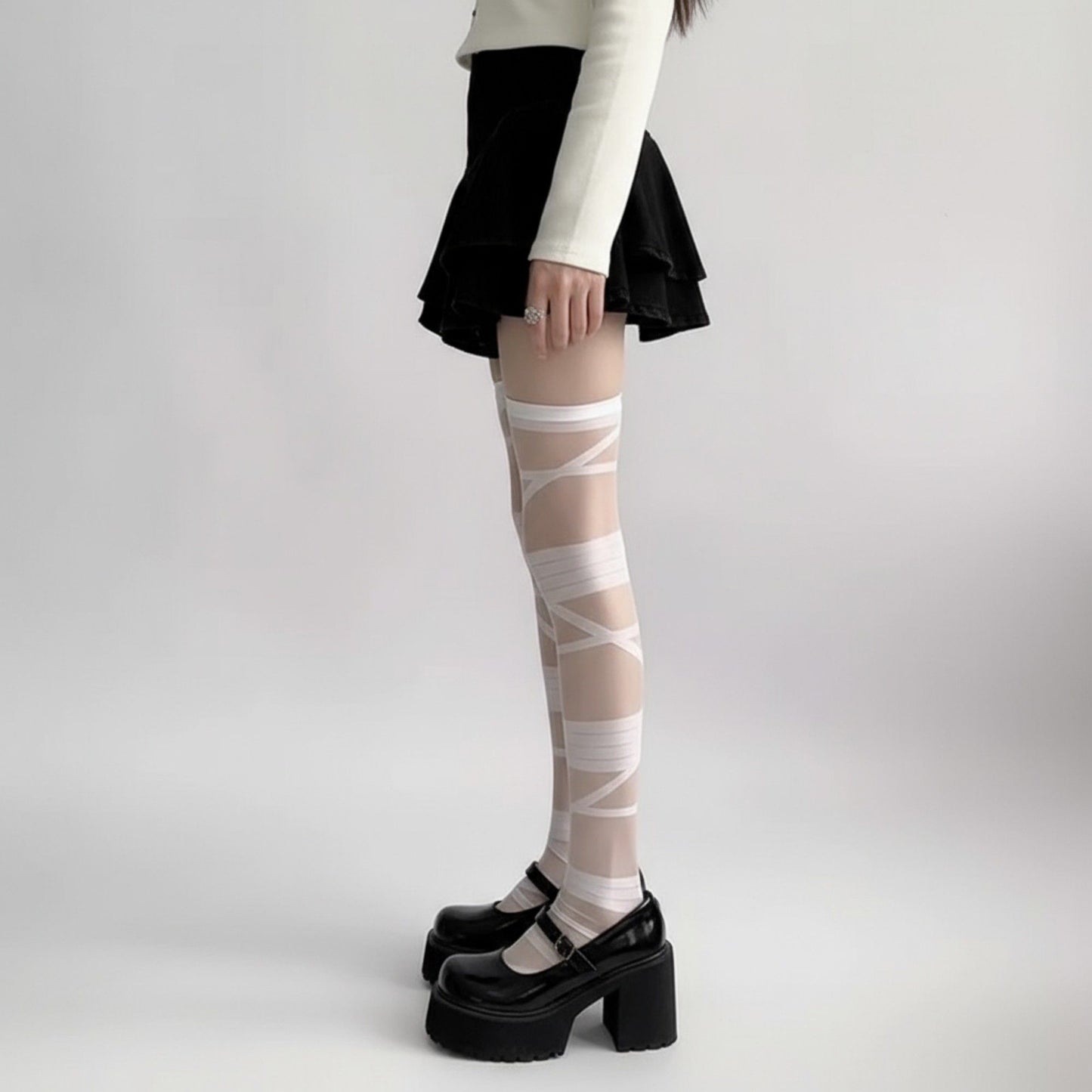 Sheer Tights with Wrapped Ribbon Illusion and Gothic Layered Design