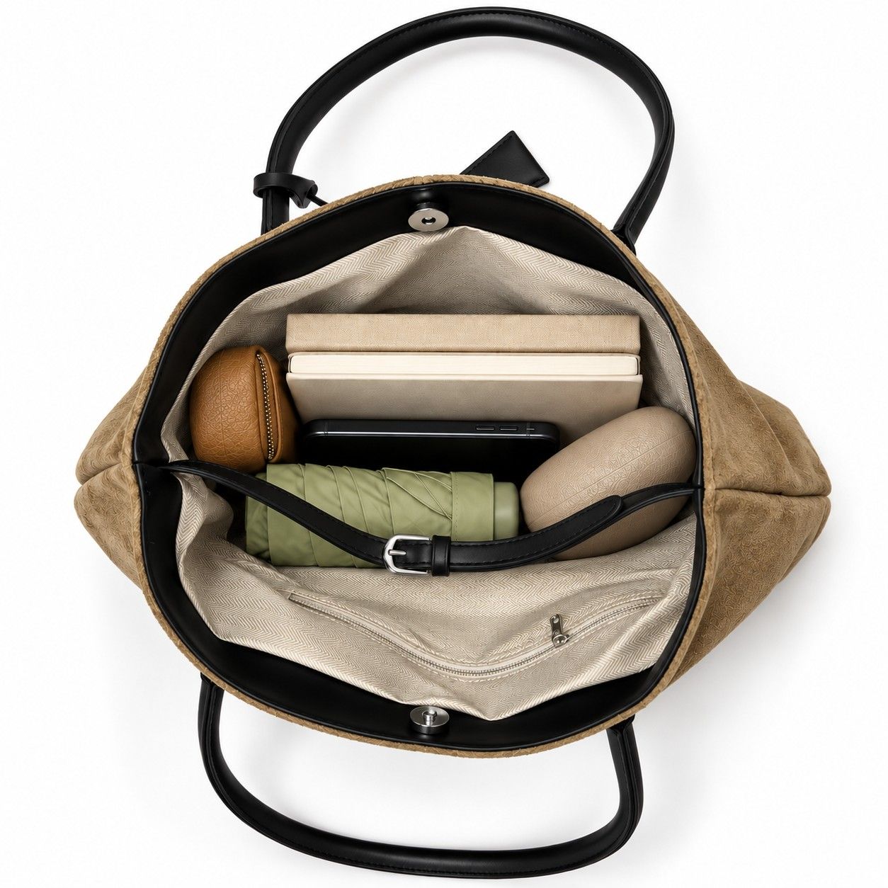 Large Suede Look Tote Bag with Double Handles Magnetic Closure and Interior Zip Pocket