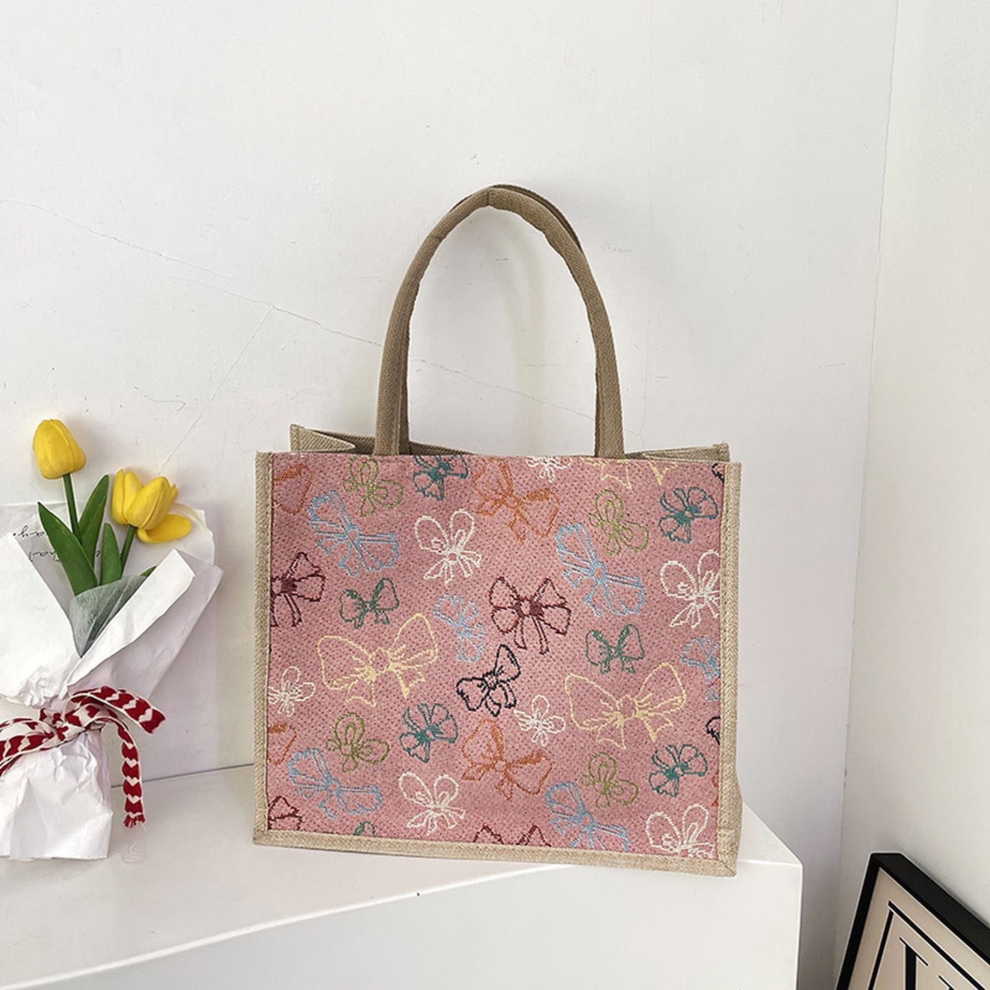 Canvas Tote Bag with Colorful Bow Print - Lightweight Shopping Handbag