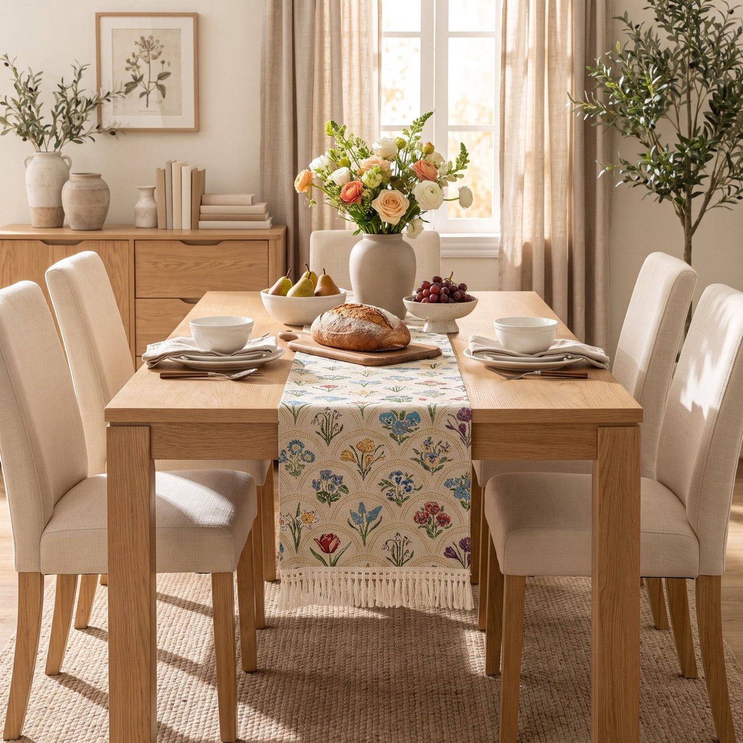 Beige Multicolor Floral Woven Table Runner with Tassel Fringe 13.8x47.2in