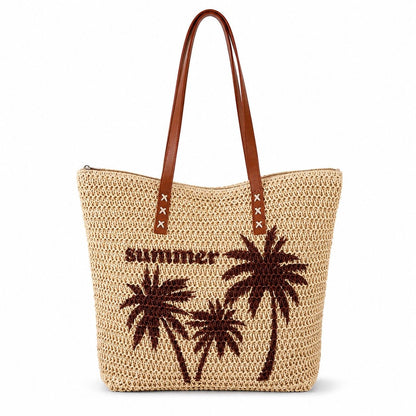 Palm Tree Woven Tote Bag Large Capacity Shoulder Handbag with Faux Leather Handles