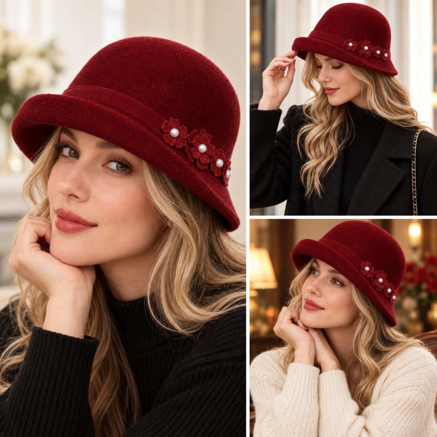 Floral Pearl Accent Cloche Hat Adjustable Brim Dress Hat