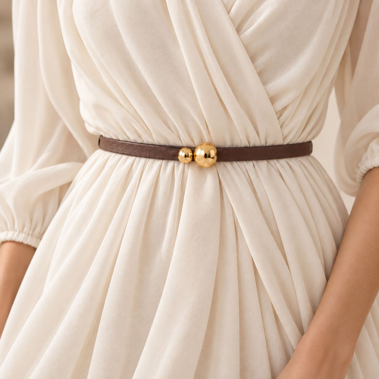 Genuine Leather Skinny Dress Belt with Double Ball Clasp 39.4in