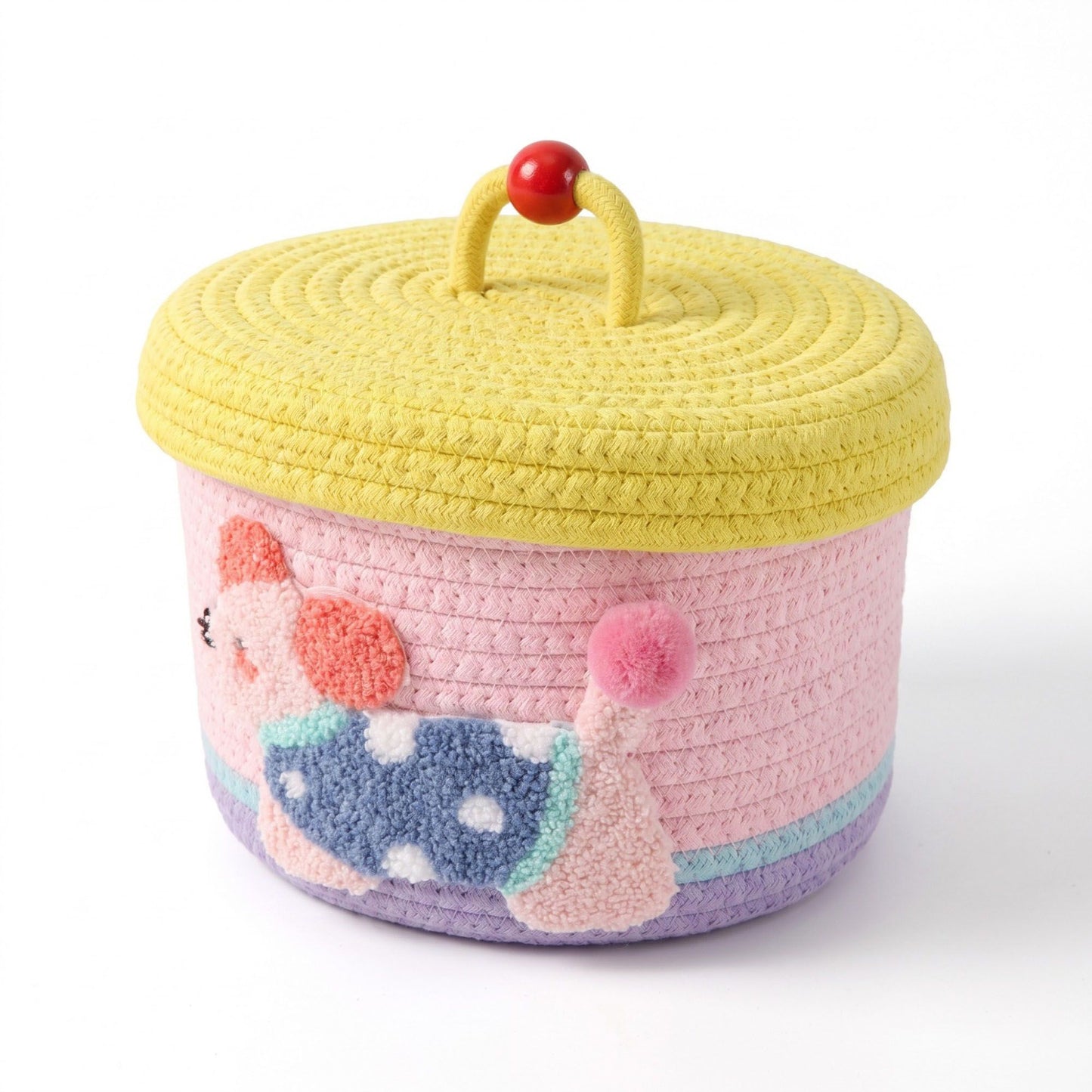 Animal Applique Woven Rope Storage Basket Lid Decorative Organizer Bin
