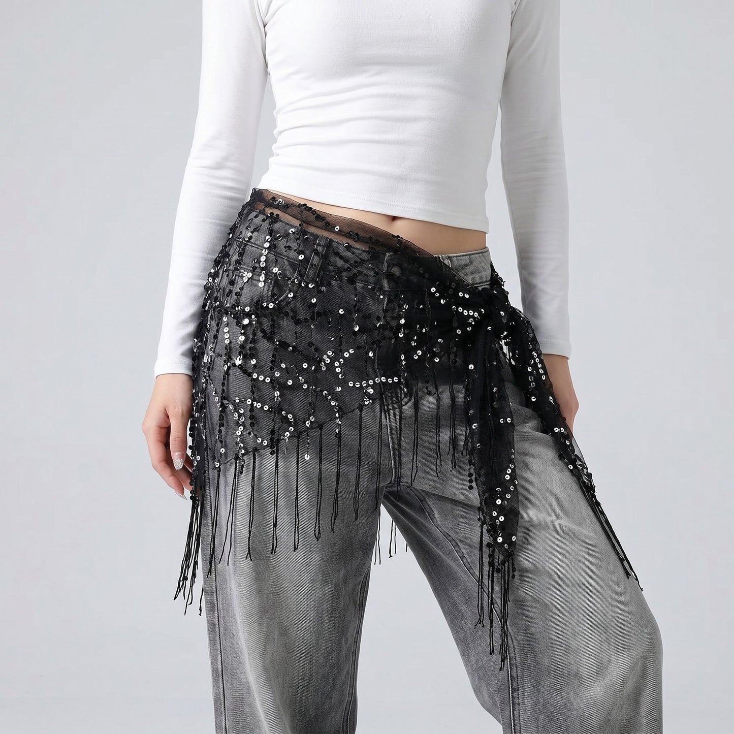 Sheer Sequin Fringe Skinny Scarf with Embroidered Swirl Pattern Neck Tie