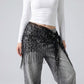 Sheer Sequin Fringe Skinny Scarf with Embroidered Swirl Pattern Neck Tie