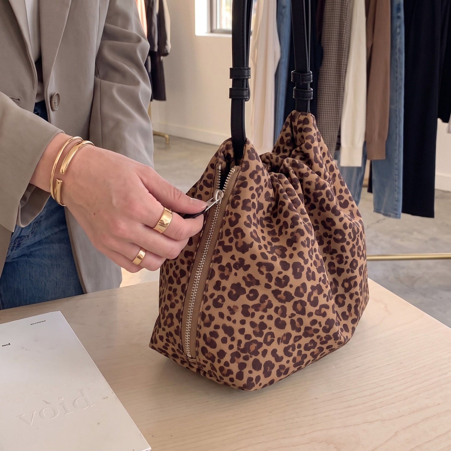 Leopard Print Hobo Shoulder Bag with Adjustable Strap Brown