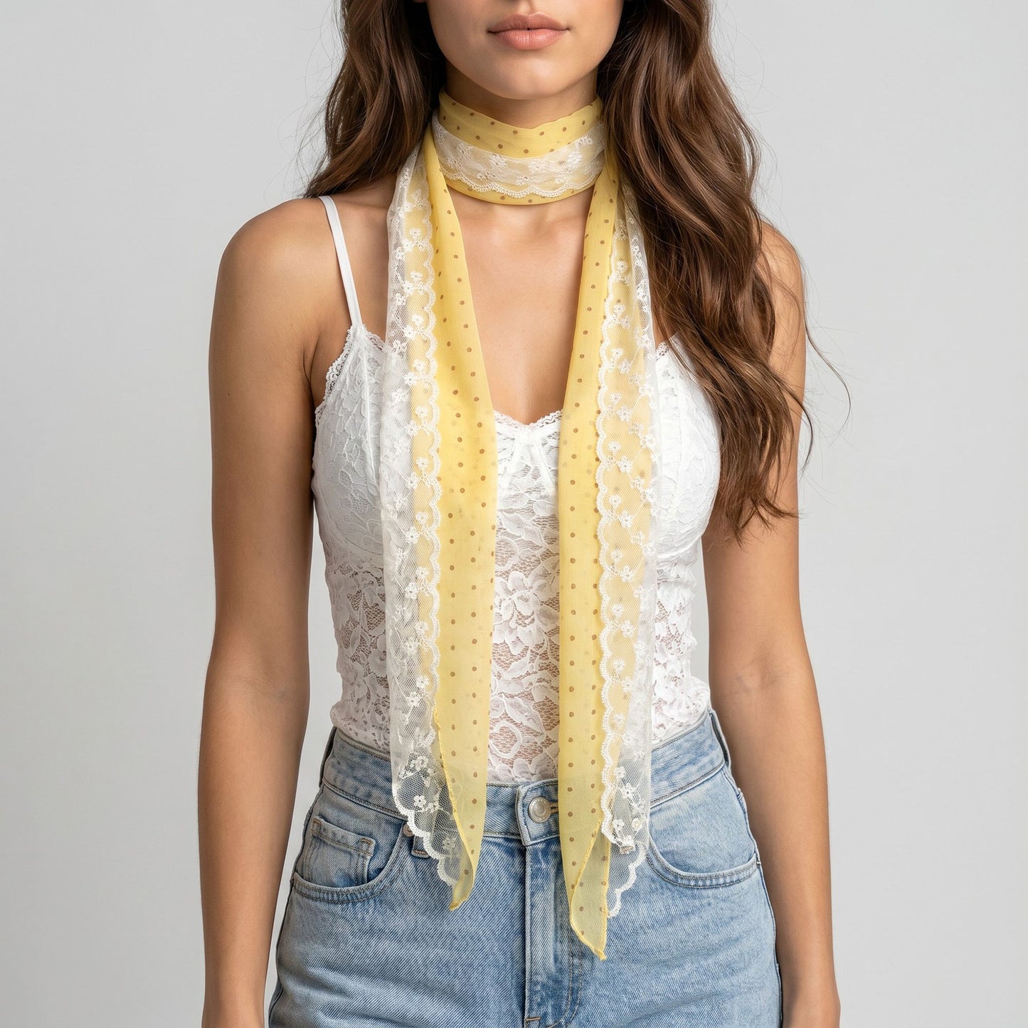 Sheer Skinny Scarf with Lace Trim Faux Pearl Accent and Long Neck Tie Design