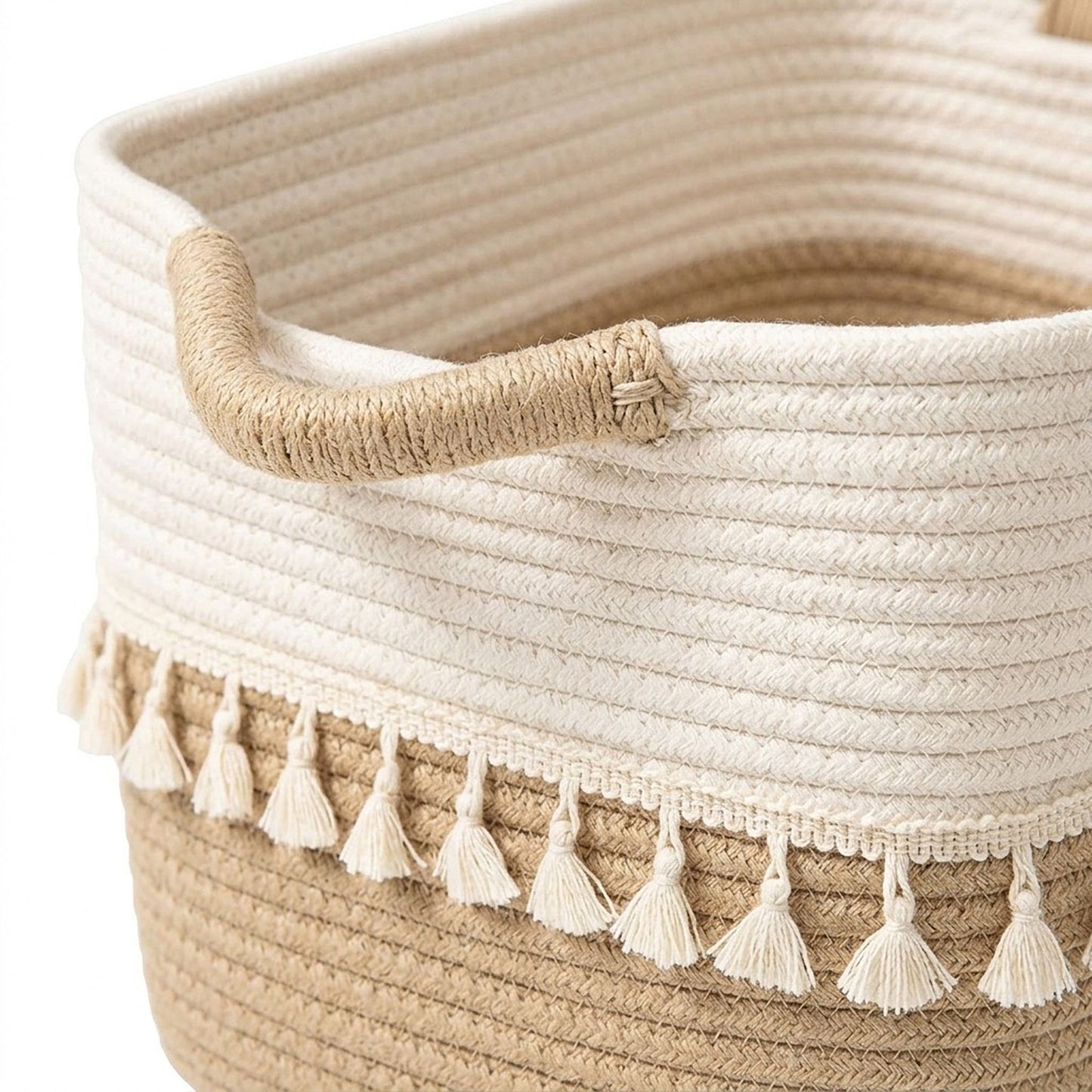 Rope Storage Basket with Tassel Trim and Handles