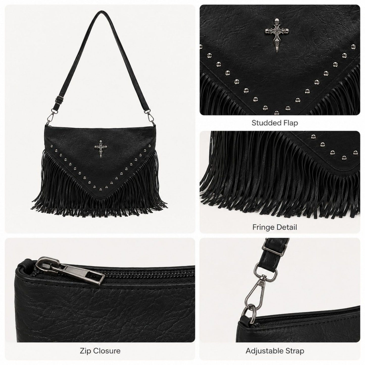 Studded Fringe Shoulder Bag with Adjustable Strap and Zip Closure