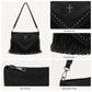 Studded Fringe Shoulder Bag with Adjustable Strap and Zip Closure