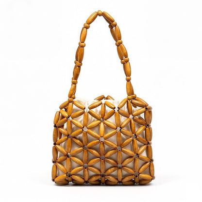 Wooden Beaded Tote Bag Structured Geometric Design with Inner Pouch Open Weave Shoulder Handbag