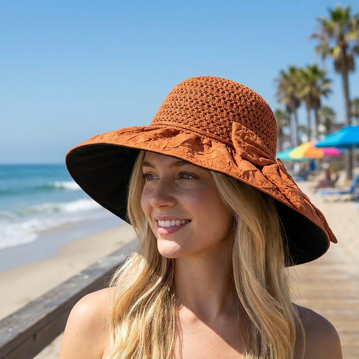 Wide Brim Crochet Sun Hat with Bow Accent and Textured Fabric Brim