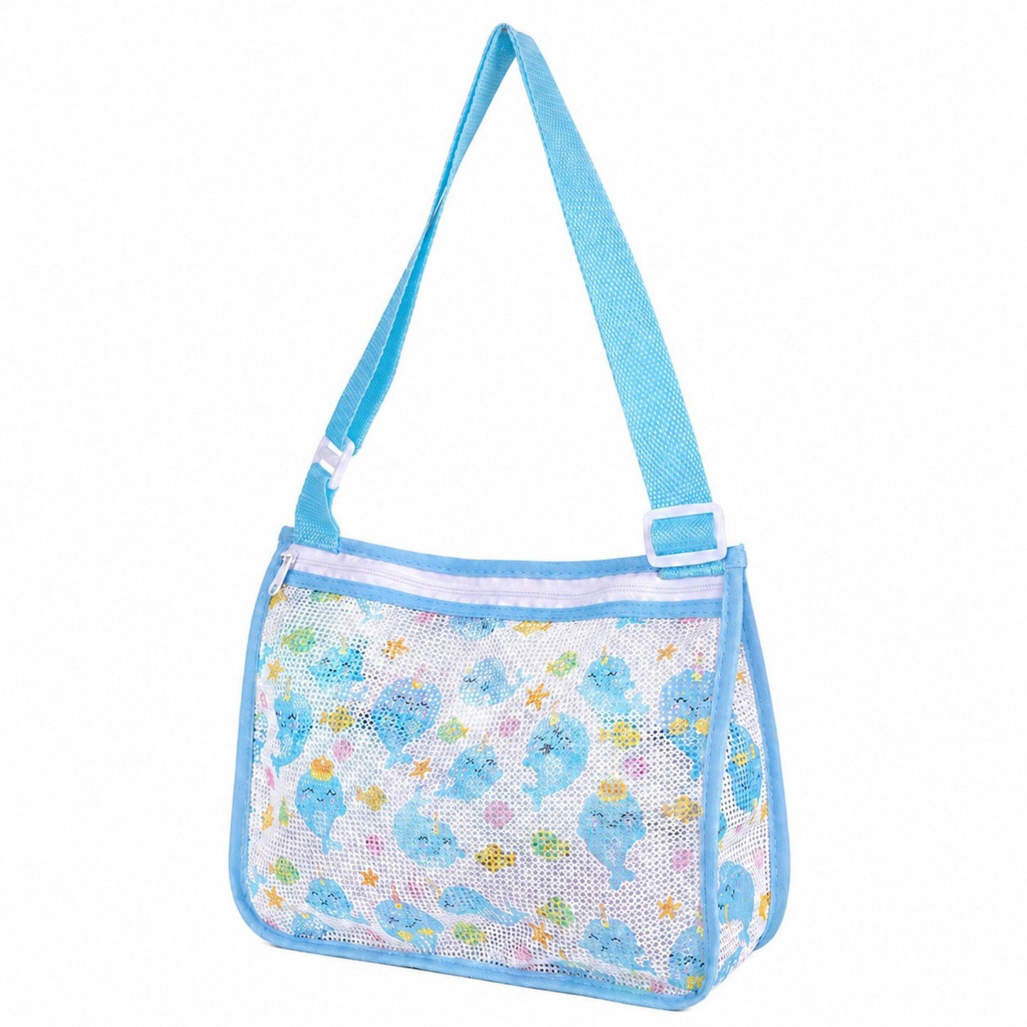 Printed Mesh Beach Shoulder Bag with Adjustable Strap Zip Top Lightweight See Through Tote for Pool