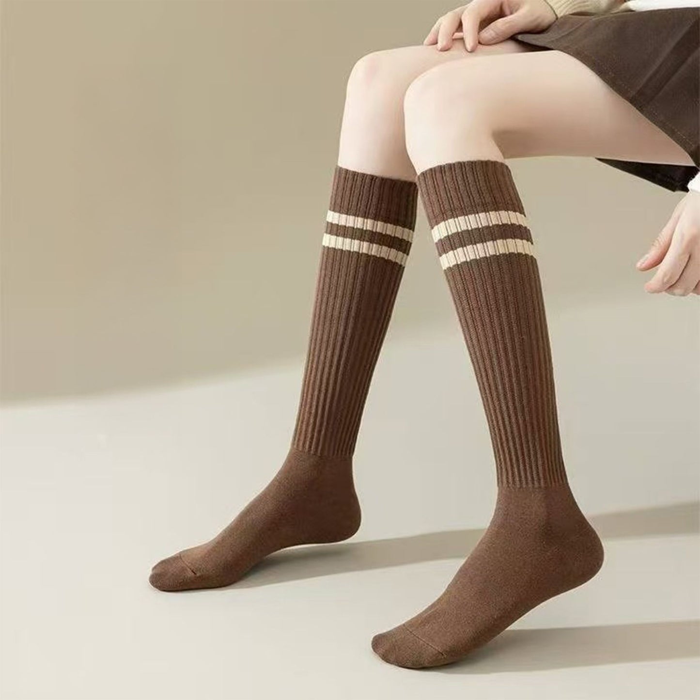 4-Pair Set Ribbed Knee-High Socks with Striped Detail Slim Fit Stretch Design for Casual Outfits