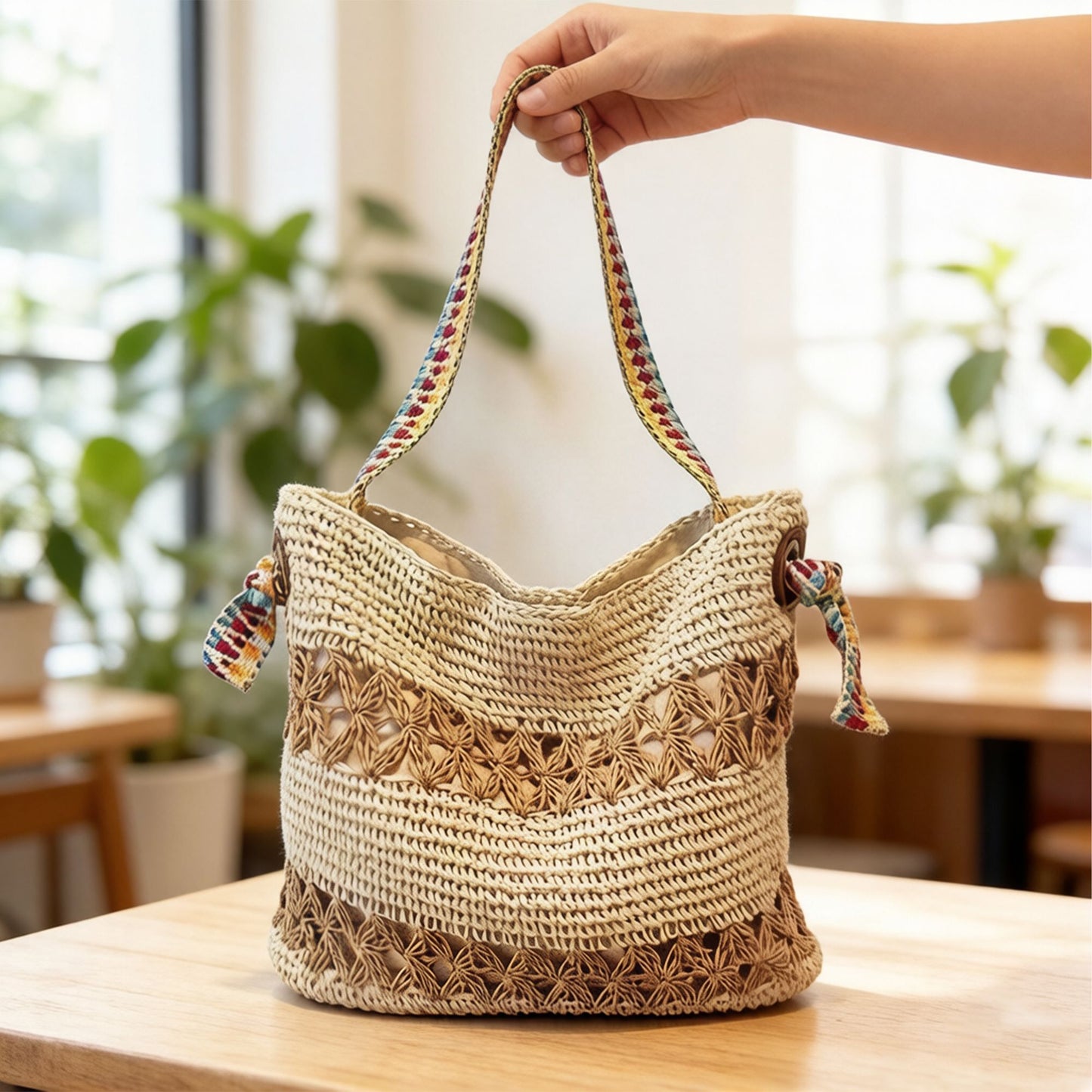 Crochet Shoulder Bag with Patterned Strap Knit Hobo Handbag Lined Casual Everyday Tote