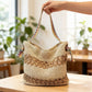 Crochet Shoulder Bag with Patterned Strap Knit Hobo Handbag Lined Casual Everyday Tote