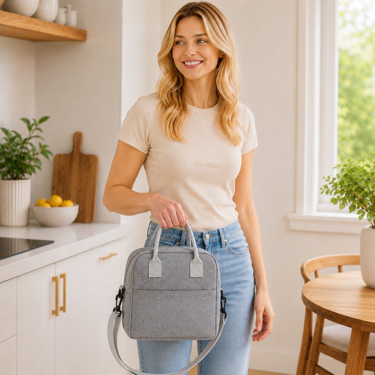 Insulated Lunch Tote Bag with Front Pocket and Adjustable Shoulder Strap