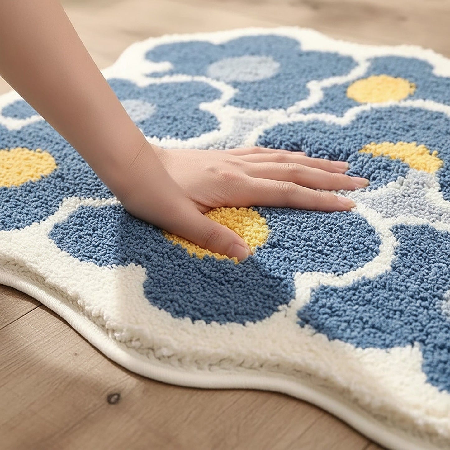Tufted Floor Mat with Floral Daisy Pattern Non Slip Backing Soft Plush Decorative Scalloped Edge Rug