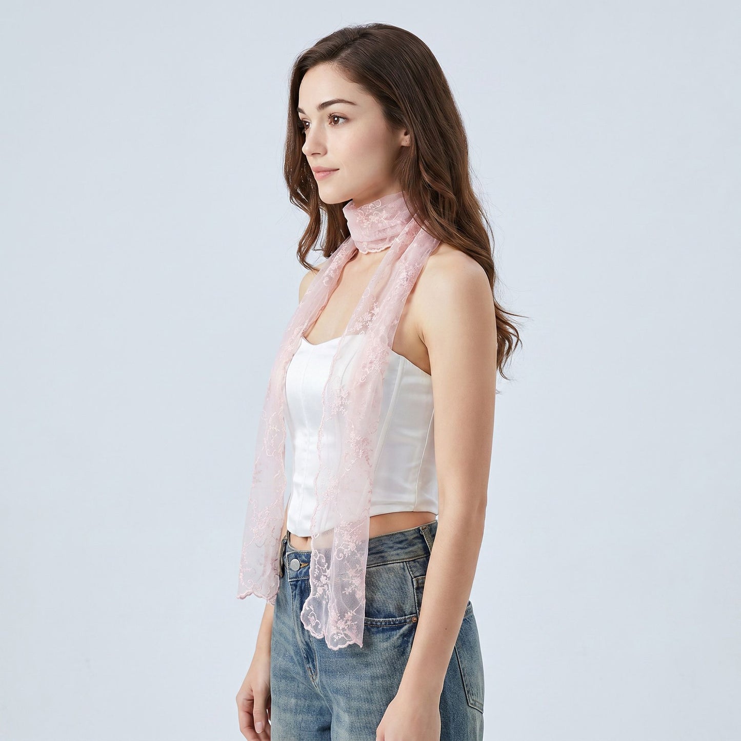 Sheer Embroidered Skinny Scarf with Floral Lace Trim and Long Neck Tie Design