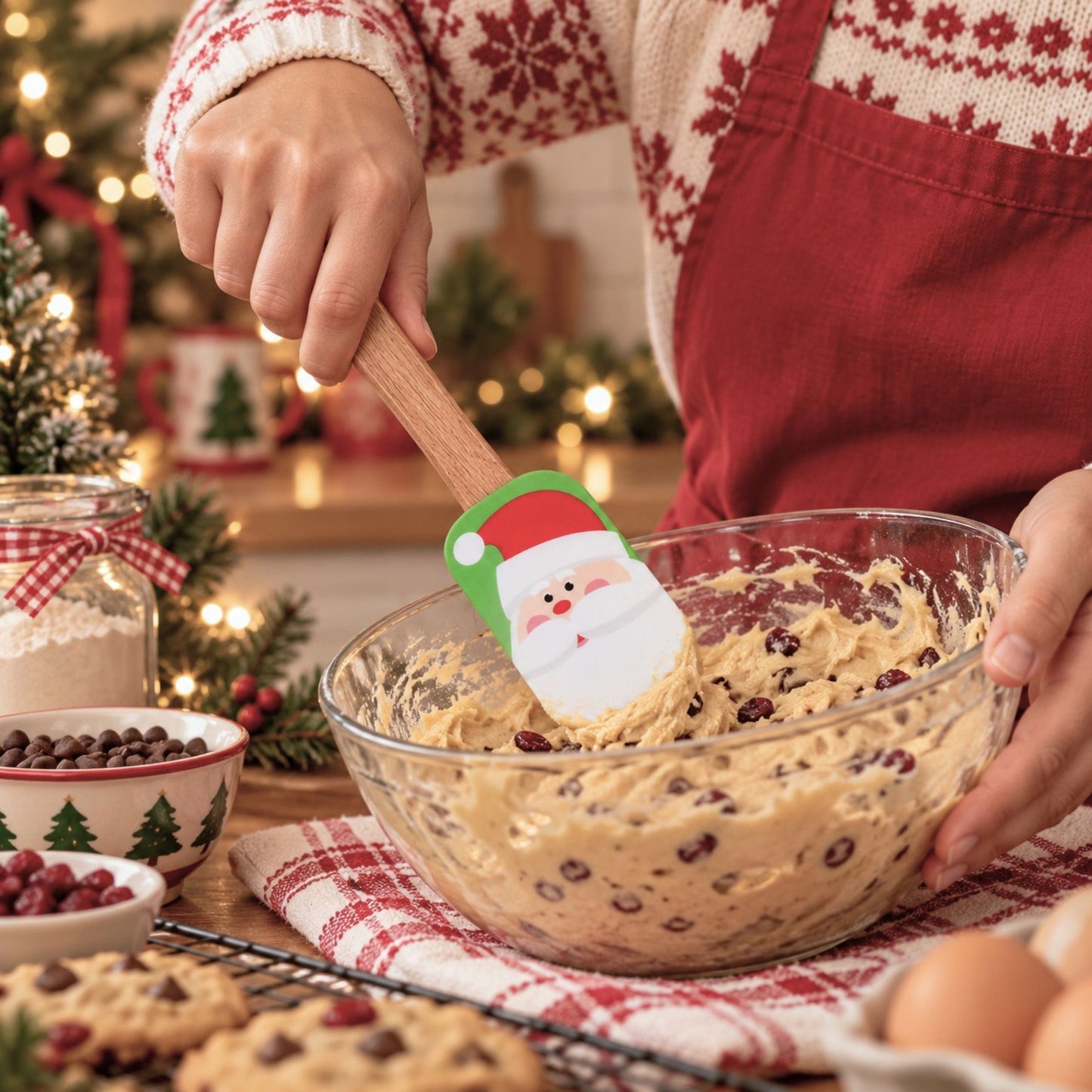 Christmas Silicone Spatula with Wooden Handle for Baking and Cooking