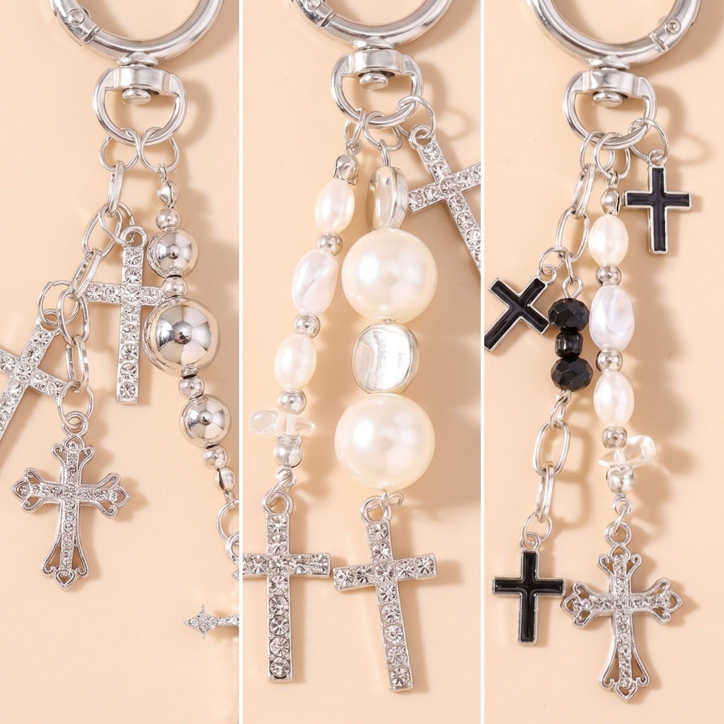 Gothic Rhinestone Cross & Pearl Bag Charm Key Chain 3-Piece Set