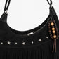 Suede-Like Fringe Hobo Shoulder Bag with Studded Star and Beaded Charm Details