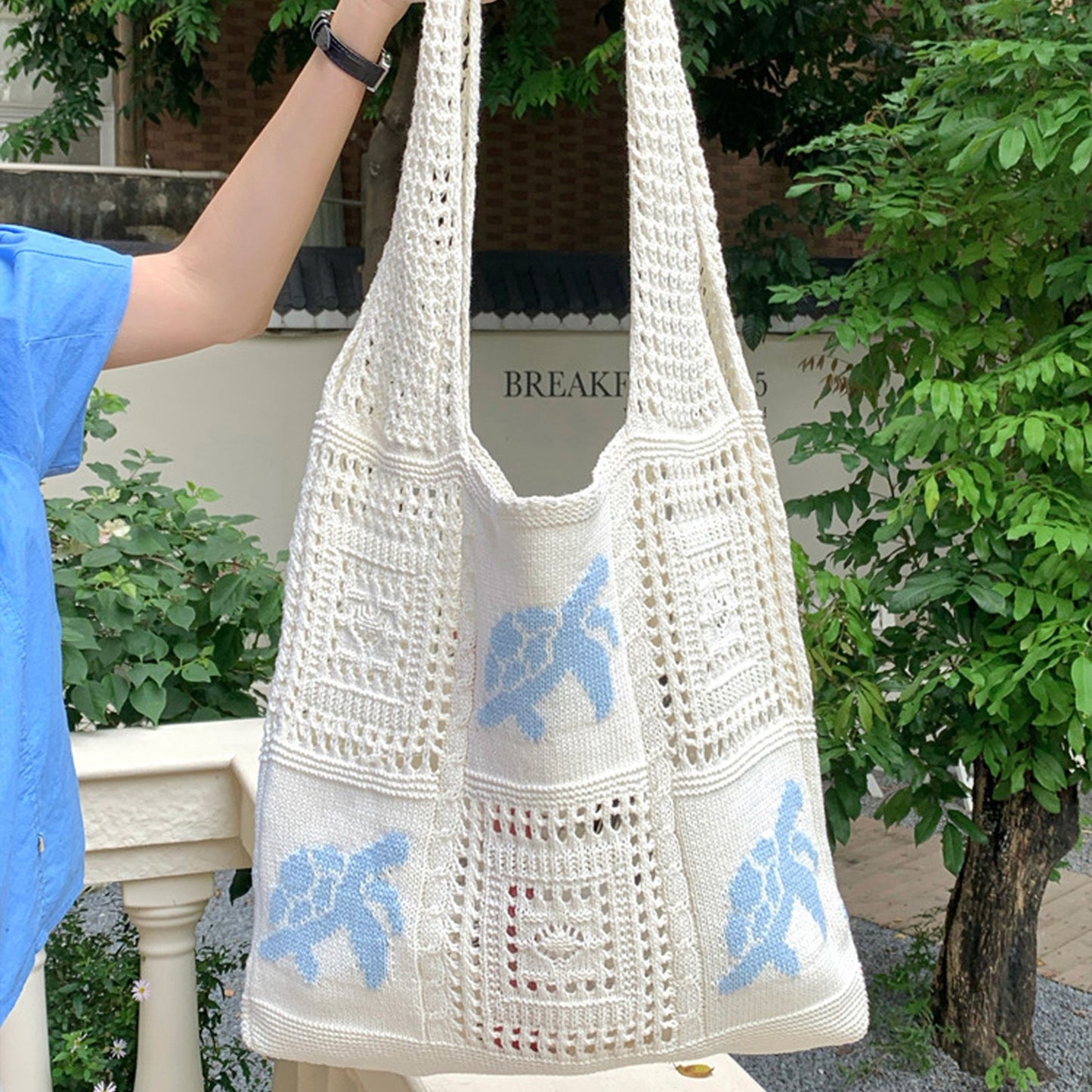 Knit Tote Bag Floral Pattern Shoulder Bag Open Top Casual Everyday Carry Handbag