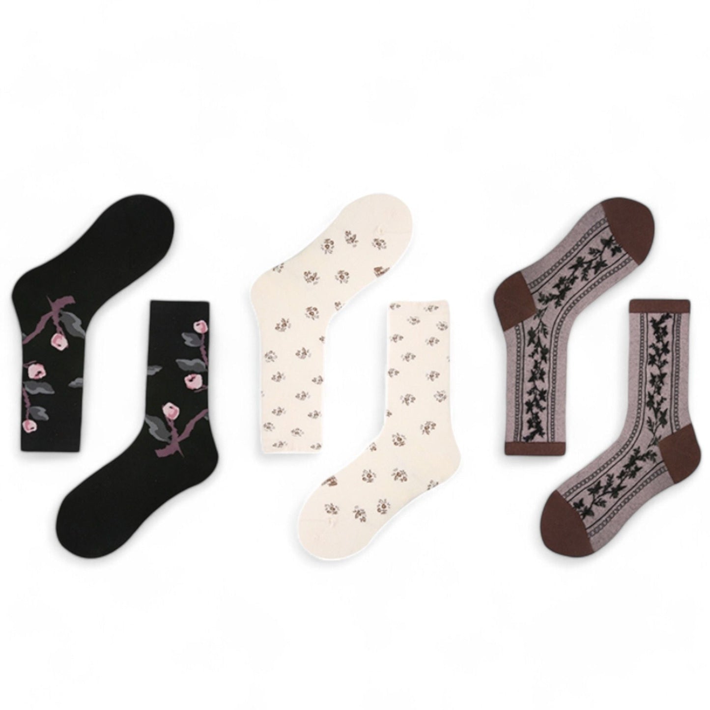Women's 3-Pack Patterned Crew Socks with Vintage Embroidered Floral and Abstract Prints