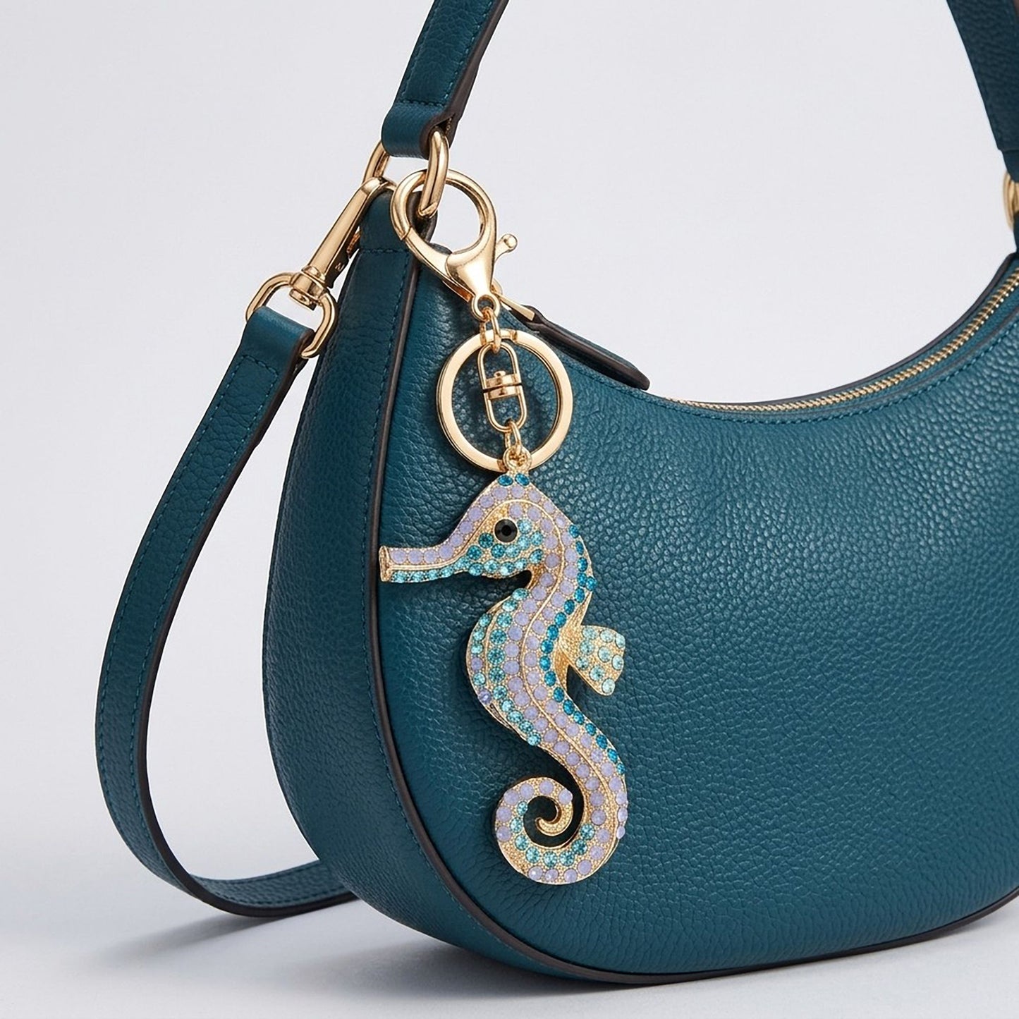 Seahorse Rhinestone Keychain Bag Charm with Lobster Clasp and Key Ring