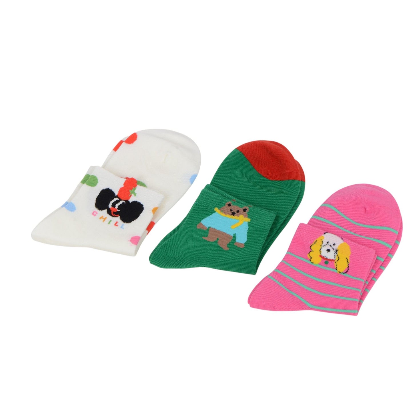 Renaissance Women 3-Pair Ankle Socks Set Assorted Patterns Featuring Colorblock, Cartoon Characters, and Butterfly Prints