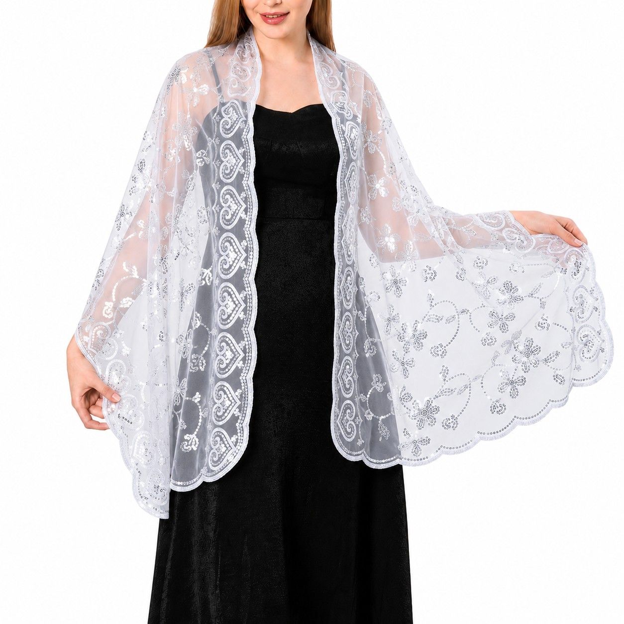 Embroidered Sequin Mesh Shawl Wrap Sheer Floral Scarf Scalloped Edge