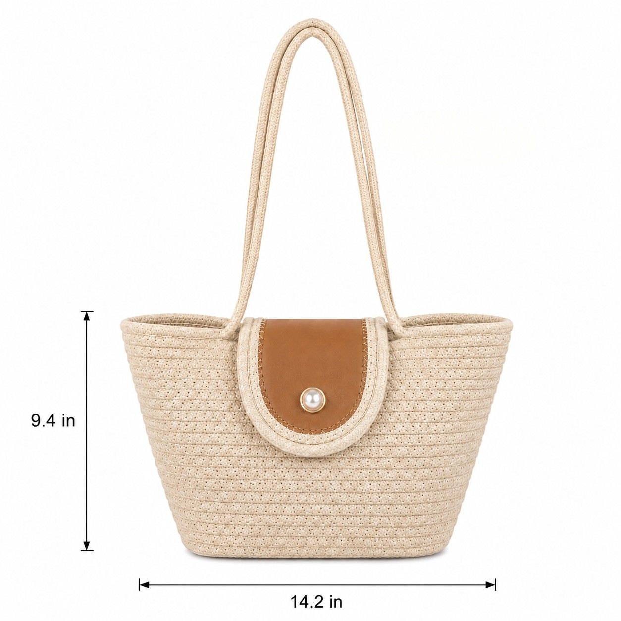 Woven Rope Tote Bag with Flap Cover Pearl Button Large Capacity Shoulder Carryall