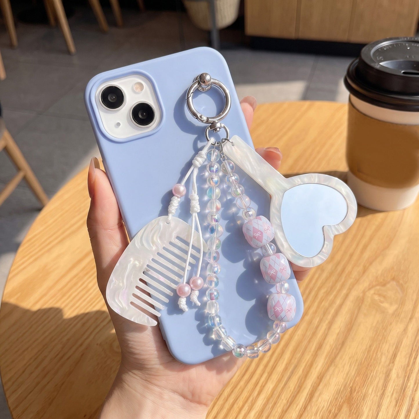 Beaded Keychain Bag Charm with Heart Mirror and Mini Comb