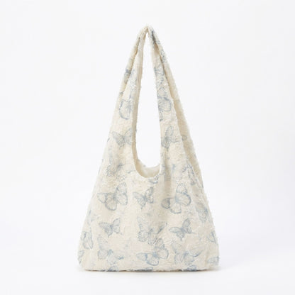 Butterfly Print Hobo Tote Bag with Lace Texture and Shoulder Handle
