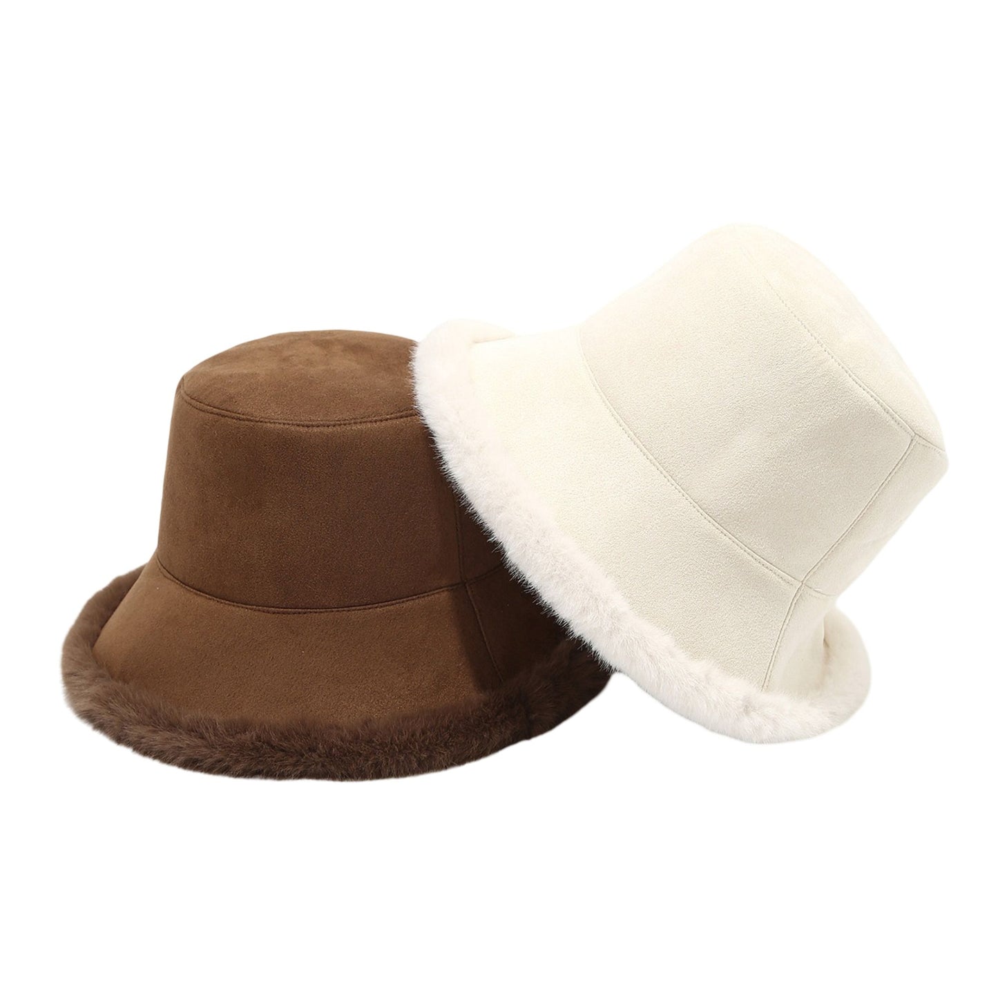 Faux Suede Bucket Hat with Faux Fur Trim Winter Hat