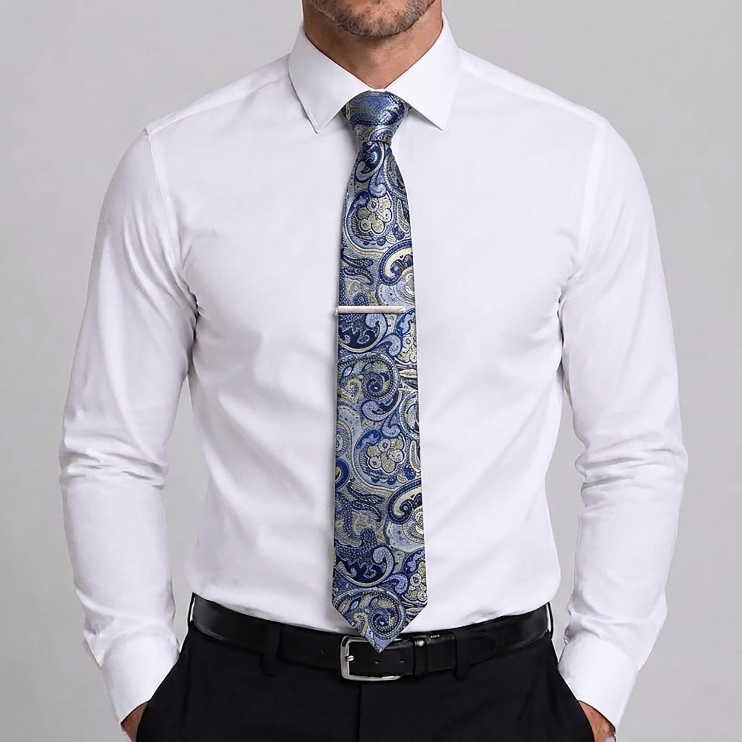 Men's Paisley Tie Gift Set with Matching Pocket Square Cufflinks and Silver Tie Clip